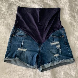 PinkBlush Navy Distressed Maternity Denim Shorts